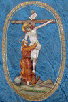 Saint François d'Assise et le Christ. Détail d'une bannière de procession.